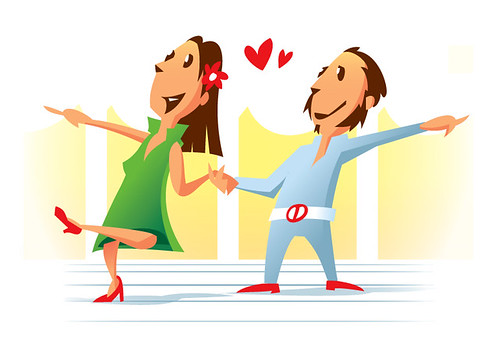 Dibujos animados de una pareja haciendo ejercicio con movimientos de baile.