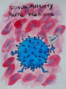 Drawing of a virus holding a flag.