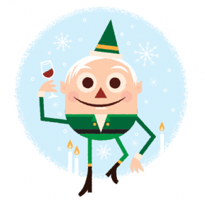 Holiday elf holding a glass of wine.