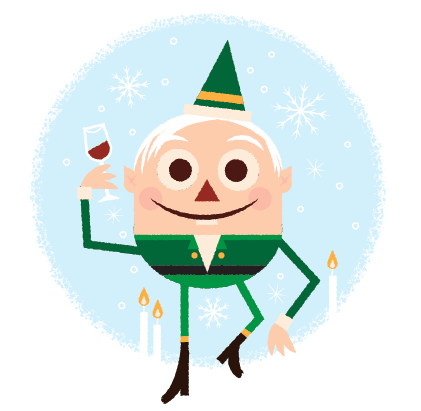 Holiday elf holding a glass of wine.