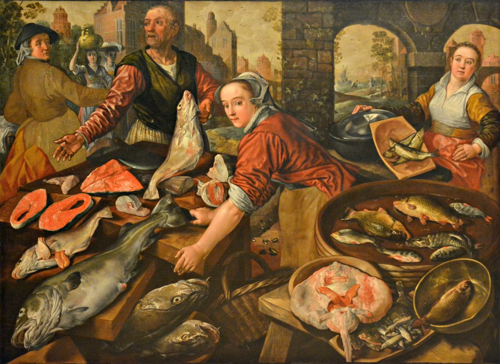 Middle ages painting of a fish market.